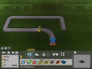 The track editor in the game TrackMania Nations Forever. A track is visible.